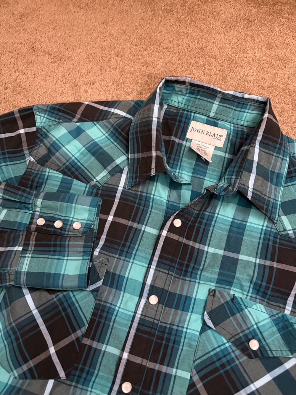 John Blair Mens Large Pearl Snap Shirt Turquoise Plaid Western Cowboy Ranch